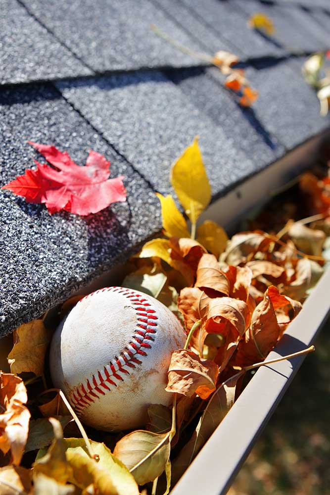Regenrinne voller Herbstblätter mit einem Baseball